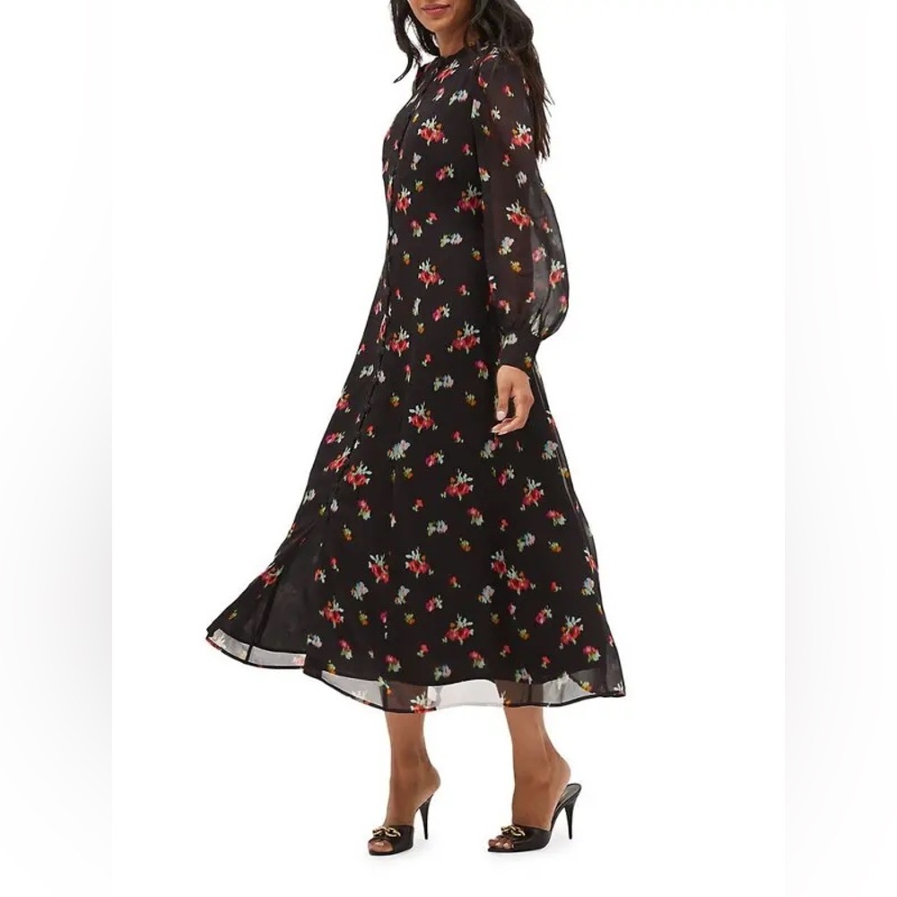 EUC Hill House Cindra Floral Long Sleeve Midi Dress in Black Ikat